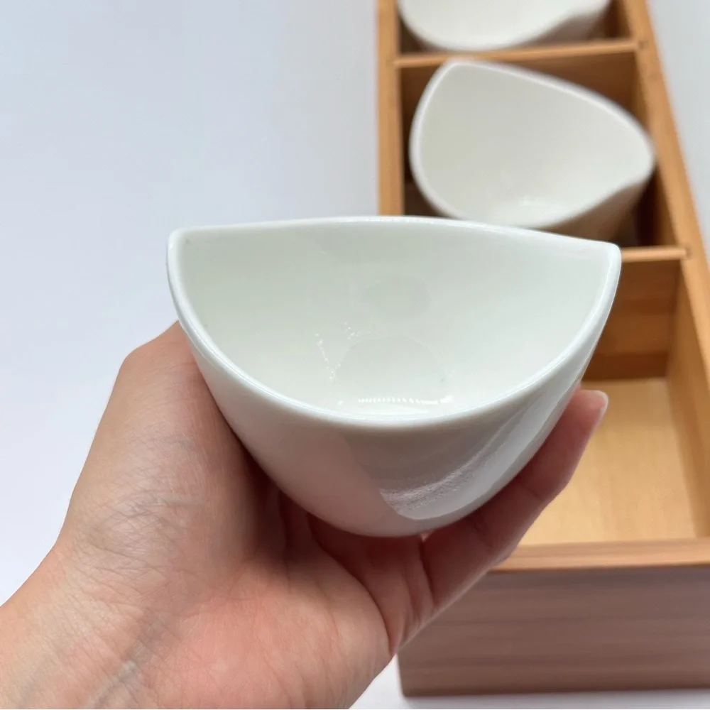 Divided Wooden Bamboo Tray with 3 White Ceramic Dipping Bowls Serving Set